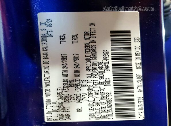 3TMLB5JN2RM057891 2024 TOYOTA TACOMA Blue VIN կոդի պիտակի տեսք