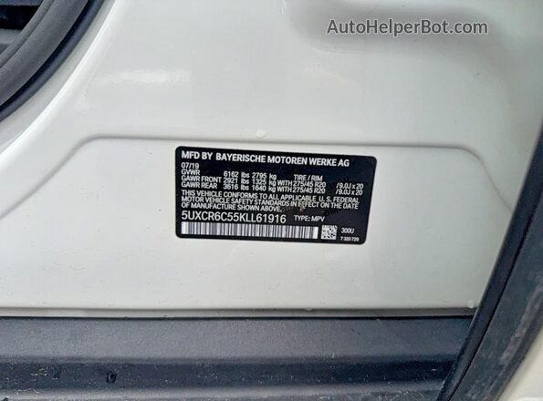 5UXCR6C55KLL61916 2019 BMW X5 White უკანა სალონის ხედი