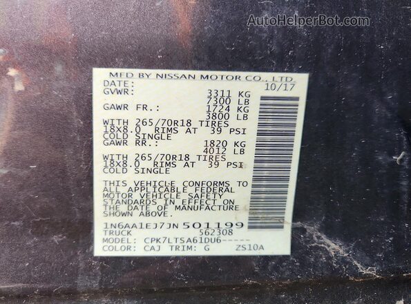 1N6AA1EJ7JN501199 2018 NISSAN TITAN Коричневый Вид наклейки с VIN-кодом