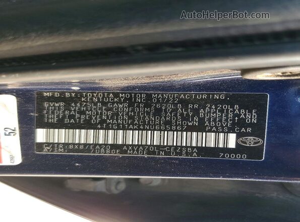 4T1G11AK4NU665867 2022 TOYOTA CAMRY Blue VIN կոդի պիտակի տեսք