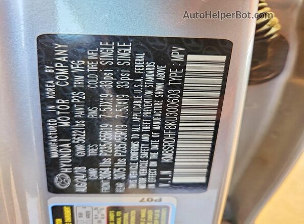 KM8SRDHF8KU300603 2019 HYUNDAI SANTA Gray 
