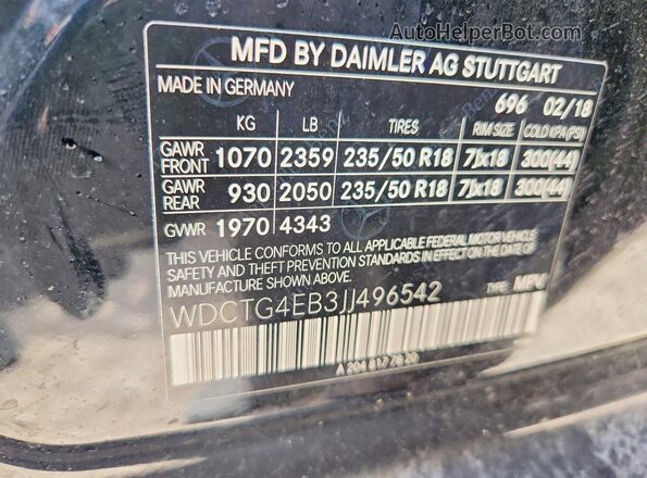 WDCTG4EB3JJ496542 2018 MERCEDES-BENZ GLA Black VIN կոդի պիտակի տեսք