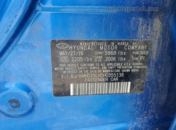 KMHD35LH5HU355138 2017 HYUNDAI ELANTRA Blue Вид підкапотного простору