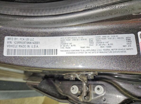 1C6RREBT9NN143581 2022 RAM 1500 Gray Widok naklejki z numerem VIN