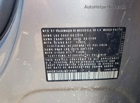 3VV2B7AX8LM015596 2020 VOLKSWAGEN TIGUAN Серебряный Панорамный вид салона 360°