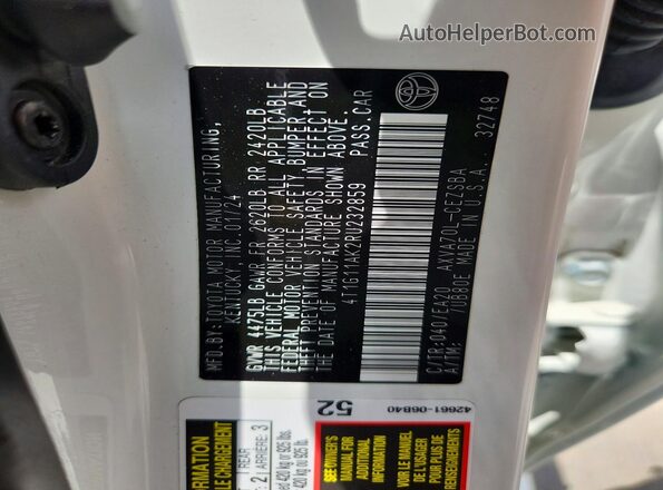 4T1G11AK2RU232859 2024 TOYOTA CAMRY Белый Вид наклейки с VIN-кодом