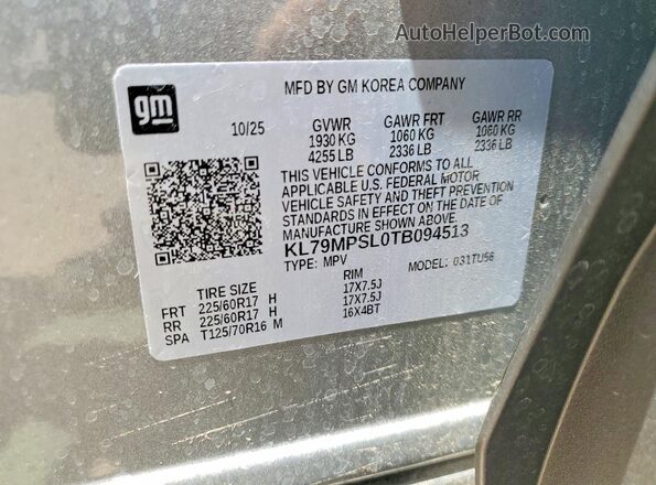 KL79MPSL0TB094513 2026 CHEVROLET TRAILBLAZER Gray Vista interior de 360 grados