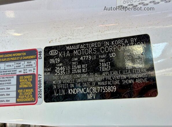 KNDPMCAC8L7755809 2020 KIA SPORTAGE White Vista interior trasera