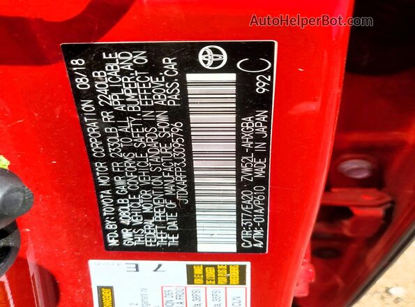 JTDKARFP3J3095796 2018 TOYOTA PRIUS Red Widok naklejki z numerem VIN