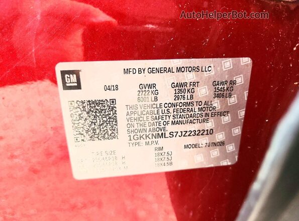 1GKKNMLS7JZ232210 2018 GMC ACADIA Красный Панорамный вид салона 360°