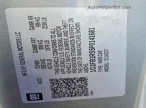 1G1FB1RS5P0141681 2023 CHEVROLET CAMARO Silver VIN sticker view