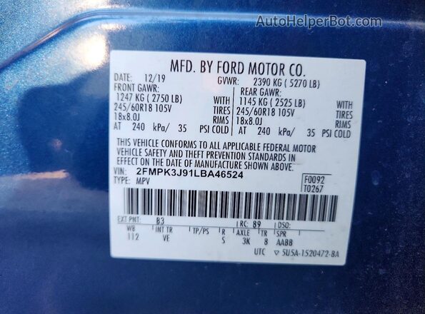 2FMPK3J91LBA46524 2020 FORD EDGE Blue VIN sticker view