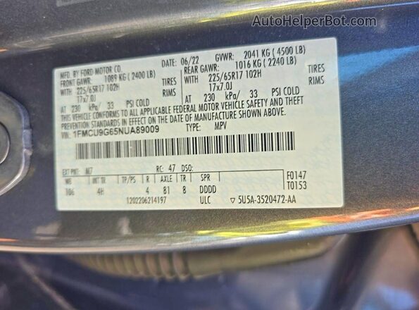 1FMCU9G65NUA89009 2022 FORD ESCAPE Серый Вид задних сидений