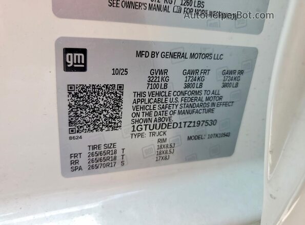 1GTUUDED1TZ197530 2026 GMC SIERRA White Vista de la etiqueta del VIN
