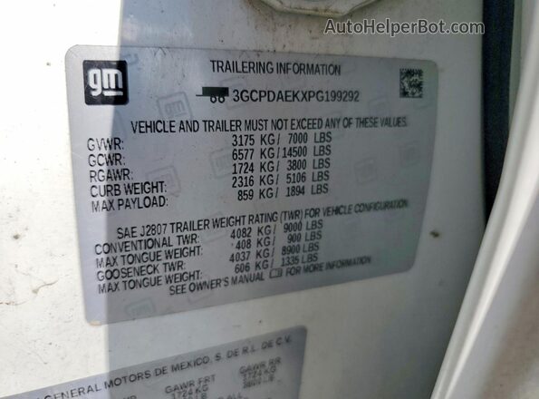 3GCPDAEKXPG199292 2023 CHEVROLET SILVERADO White VIN կոդի պիտակի տեսք