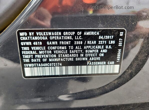 1VWDT7A34HC072174 2017 VOLKSWAGEN PASSAT Gray Вид наклейки з VIN-кодом