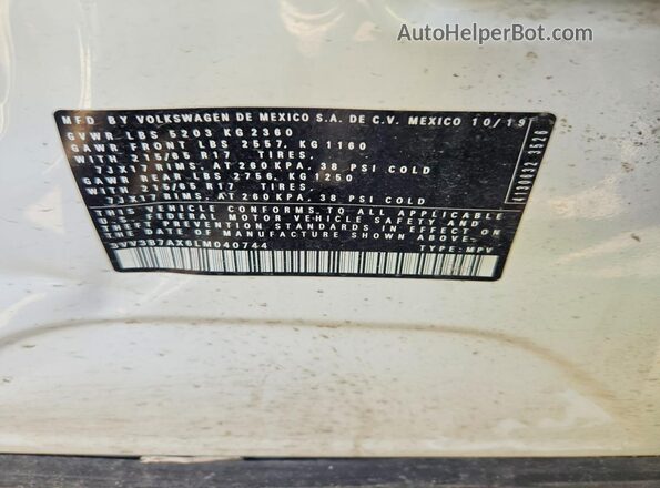 3VV3B7AX6LM040744 2020 VOLKSWAGEN TIGUAN White Панорамний вид салону 360°