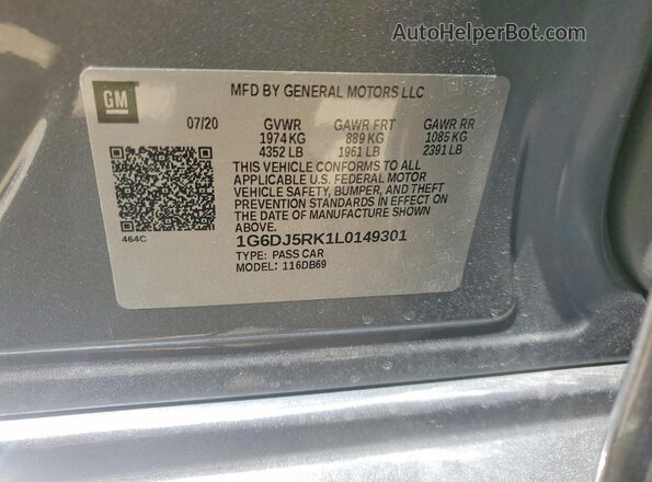 1G6DJ5RK1L0149301 2020 CADILLAC CT4 Gray Vista de la etiqueta del VIN