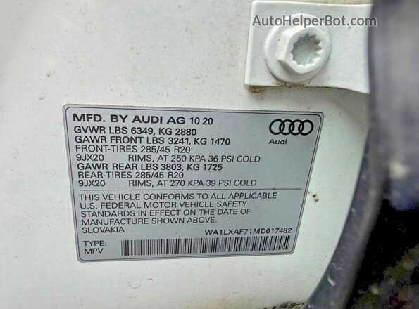 WA1LXAF71MD017482 2021 AUDI Q7 White უკანა სავარძლების ხედი
