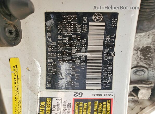 4T1B11HK2JU085785 2018 TOYOTA CAMRY White VIN sticker view