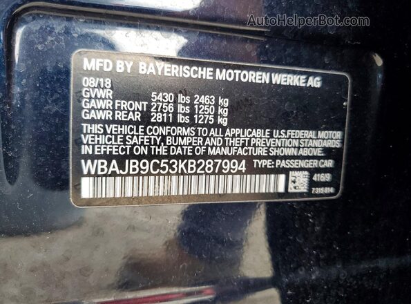 WBAJB9C53KB287994 2019 BMW M5 Black Вид наклейки з VIN-кодом