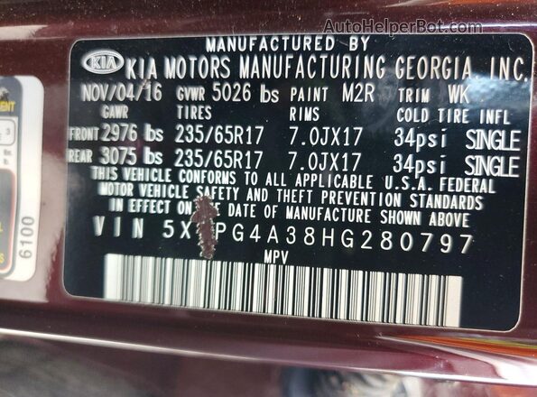 5XYPG4A38HG280797 2017 KIA SORENTO Burgundy Widok wnętrza 360 stopni