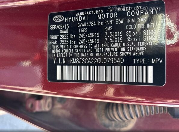 KM8J3CA22GU079540 2016 HYUNDAI TUCSON Красный Вид задней части салона
