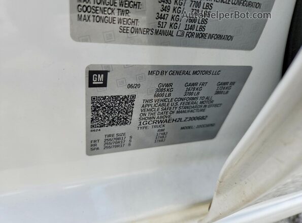 1GCRWAEH2LZ300682 2020 CHEVROLET SILVERADO White VIN კოდის სტიკერის ხედი