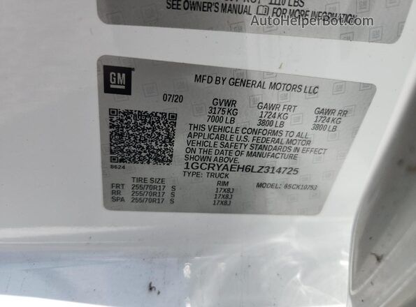 1GCRYAEH6LZ314725 2020 CHEVROLET SILVERADO Белый Вид наклейки с VIN-кодом