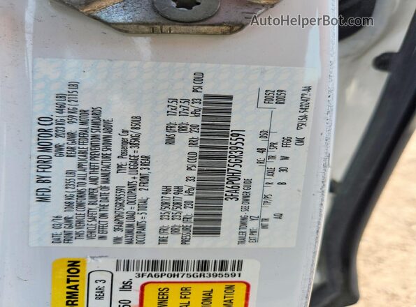 3FA6P0H75GR395591 2016 FORD FUSION White VIN კოდის სტიკერის ხედი