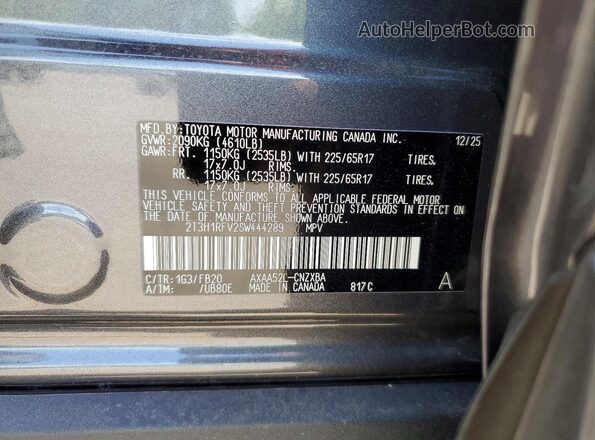 2T3H1RFV2SW444289 2025 TOYOTA RAV4 Gray Vista interior de 360 grados