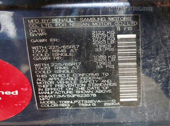 KNMAT2MV5GP623578 2016 NISSAN ROGUE Blue Vista de la etiqueta del VIN