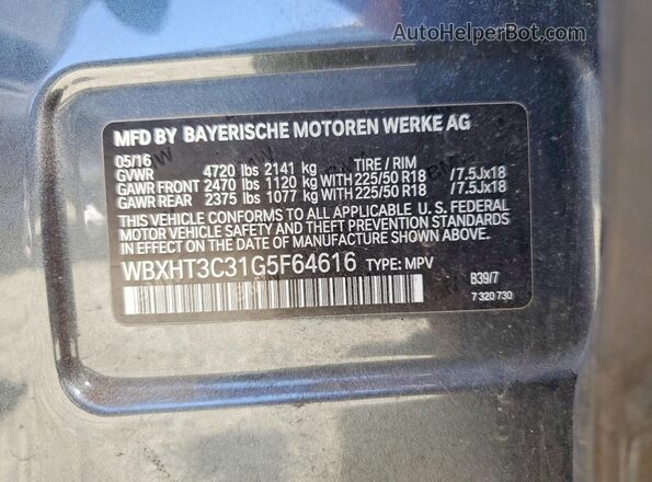 WBXHT3C31G5F64616 2016 BMW X1 Gray Սալոնի 360 աստիճան տեսք