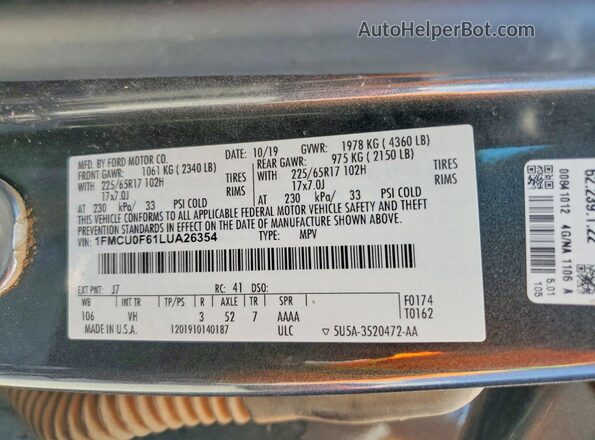 1FMCU0F61LUA26354 2020 FORD ESCAPE Black Вид наклейки з VIN-кодом