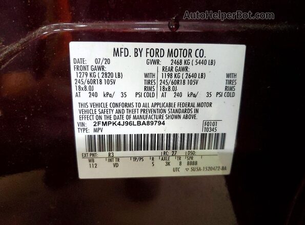 2FMPK4J96LBA89794 2020 FORD EDGE Burgundy სალონის 360-გრადუსიანი ხედი