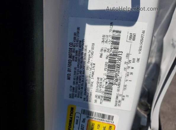 3FA6P0CDXKR150713 2019 FORD FUSION White VIN կոդի պիտակի տեսք