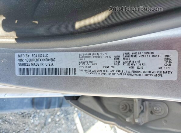 1C6RREBTXNN201682 2022 RAM 1500 Gray Вид наклейки з VIN-кодом