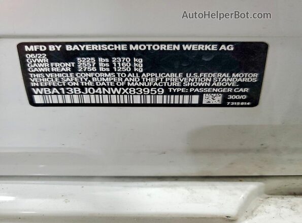 WBA13BJ04NWX83959 2022 BMW 5 SERIES White VIN կոդի պիտակի տեսք
