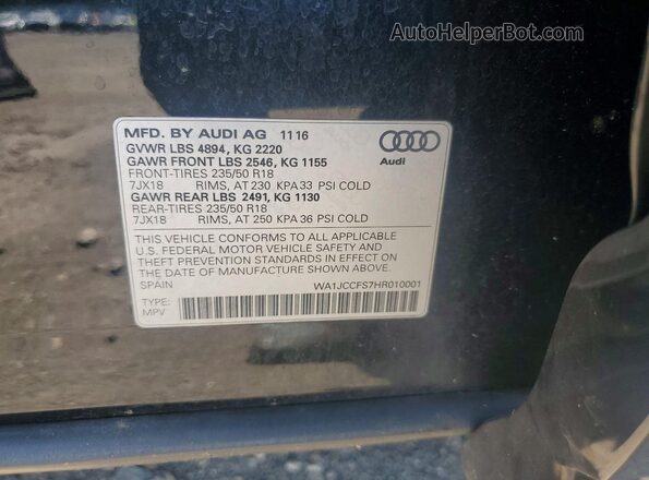 WA1JCCFS7HR010001 2017 AUDI Q3 Black VIN კოდის სტიკერის ხედი