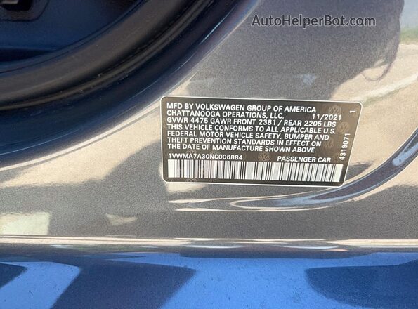 1VWMA7A30NC006884 2022 VOLKSWAGEN PASSAT Gray Вид задньої частини салону