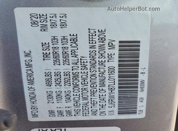 5J6RW1H87LL011600 2020 HONDA CR-V Silver VIN sticker view
