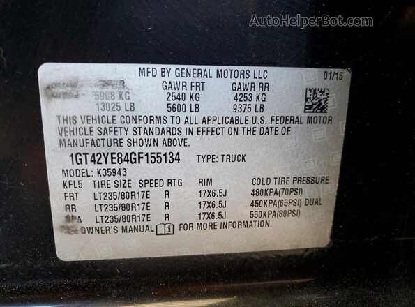 1GT42YE84GF155134 2016 GMC SIERRA Black Vista de la etiqueta del VIN