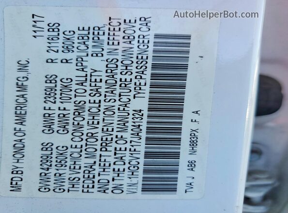 1HGCV1F17JA041324 2018 HONDA ACCORD White Widok naklejki z numerem VIN