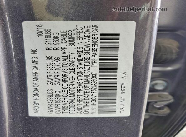 1HGCV1F52JA260937 2018 HONDA ACCORD Gray Vista de la etiqueta del VIN