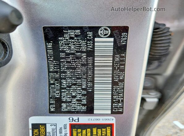 4T1BF1FK9HU384866 2017 TOYOTA CAMRY Серебряный Вид наклейки с VIN-кодом