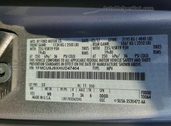 1FMCU9J9XHUD47404 2017 FORD ESCAPE Silver Widok wnętrza 360 stopni