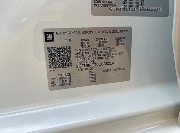 3GTU9FET0LG382141 2020 GMC SIERRA White Widok wnętrza z tyłu
