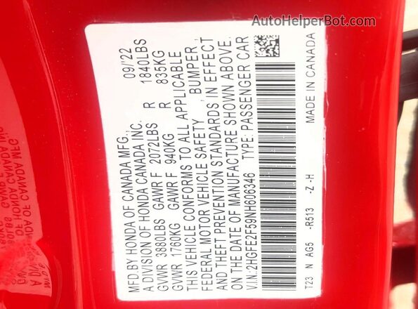 2HGFE2F59NH606346 2022 HONDA CIVIC Red Rear interior view
