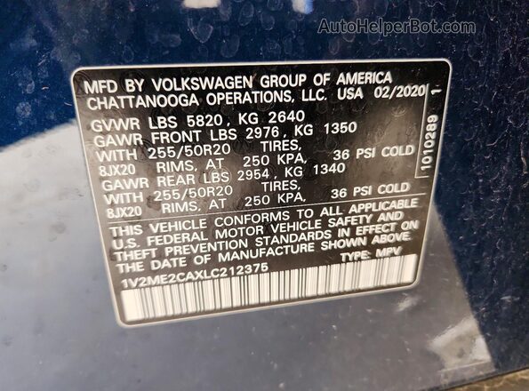 1V2ME2CAXLC212375 2020 VOLKSWAGEN ATLAS Синий Панорамный вид салона 360°