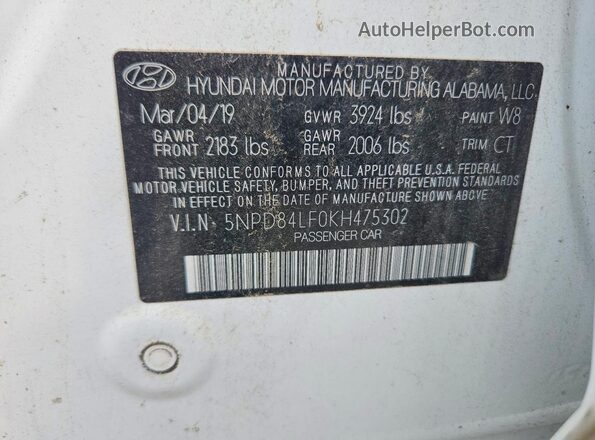 5NPD84LF0KH475302 2019 HYUNDAI ELANTRA White VIN sticker view